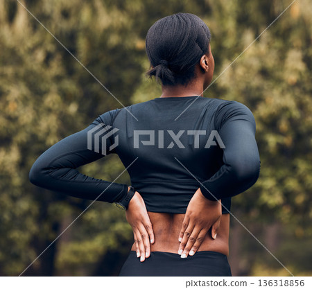 Back pain, fitness and sports woman outdoor for scoliosis, health risk and tired from running in park. Female athlete, runner and exercise injury of muscle, joint problem and first aid for hurt spine Back pain, fitness and sports woman outdoor for scoliosis, health risk and tired from running in park. Female athlete, runner and exercise injury of muscle, joint problem and first aid for hurt spine 136318856