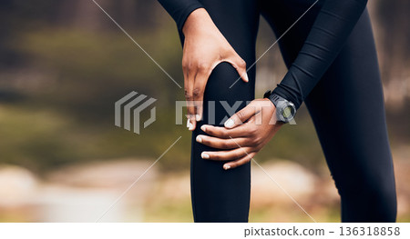 Knee pain, fitness and running person with medical injury, training or sports anatomy problem in forest or nature. Cardio, exercise or workout risk of runner, athlete or people in woods and legs zoom Knee pain, fitness and running person with medical injury, training or sports anatomy problem in forest or nature. Cardio, exercise or workout risk of runner, athlete or people in woods and legs zoom 136318858