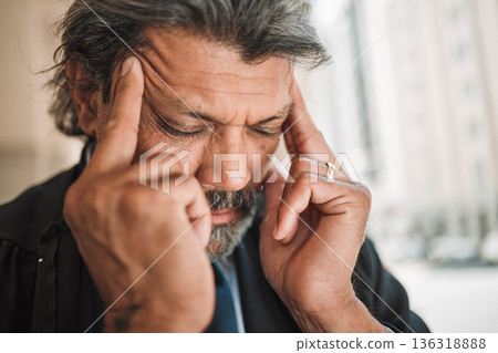 Headache, city face and business man with sad depression, corporate mistake or mental health anxiety. Urban street, migraine pain and elderly person with burnout, tired and stress over fail risk 136318888