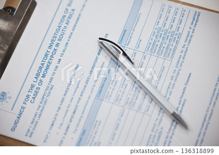 Monkeypox test, laboratory research and paper for medical information for inspection, investigation or compliance. Contract, NDA or survey for study, virus or bacteria in pharma industry for health 136318899