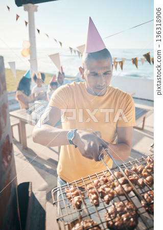 Family barbecue, meat and man at a party, cooking food and picnic on a holiday. Summer, hungry and a father with bbq on the grill for woman and children on vacation for a birthday celebration Family barbecue, meat and man at a party, cooking food and picnic on a holiday. Summer, hungry and a father with bbq on the grill for woman and children on vacation for a birthday celebration 136318906