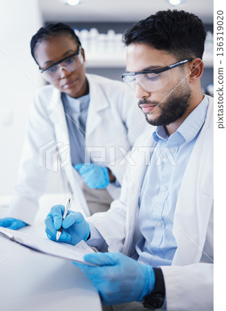 Results, teamwork or scientist writing research notes for analysis on experiment, medical info or innovation. Science, biotechnology or a in a laboratory with documents for agro development 136319020