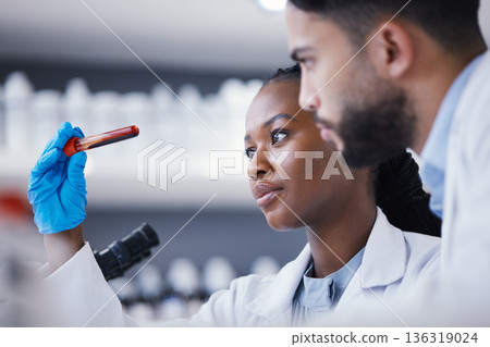 Science, blood test and team of scientists in lab working on medical experiment, study or exam. Biotechnology, pharmaceutical and researchers in collaboration doing scientific research in laboratory. 136319024