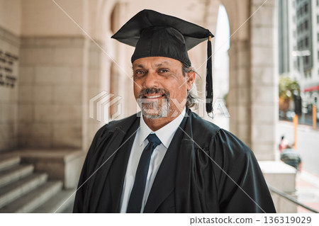Senior man, graduate of law and smile in portrait outdoor, academic achievement and education in the city. Male lawyer on urban sidewalk, graduation and success with pride, university event and goals 136319029