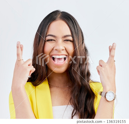Wish, fingers crossed and portrait of woman in studio with hand gesture for winning, good luck and hopeful. Winner, white background and excited female person for competition, promotion and lottery Wish, fingers crossed and portrait of woman in studio with hand gesture for winning, good luck and hopeful. Winner, white background and excited female person for competition, promotion and lottery 136319155