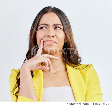 Thinking, business problem or woman face confused for solution, strategy planning or studio development ideas. Doubt, why or corporate person think of decision, question or choice on white background Thinking, business problem or woman face confused for solution, strategy planning or studio development ideas. Doubt, why or corporate person think of decision, question or choice on white background 136319177