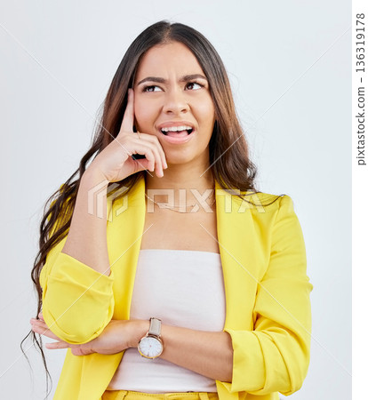 Thinking, professional or woman confused over solution, problem solving plan or development ideas. Doubt, studio or business person brainstorming decision, question or choice on white background Thinking, professional or woman confused over solution, problem solving plan or development ideas. Doubt, studio or business person brainstorming decision, question or choice on white background 136319178
