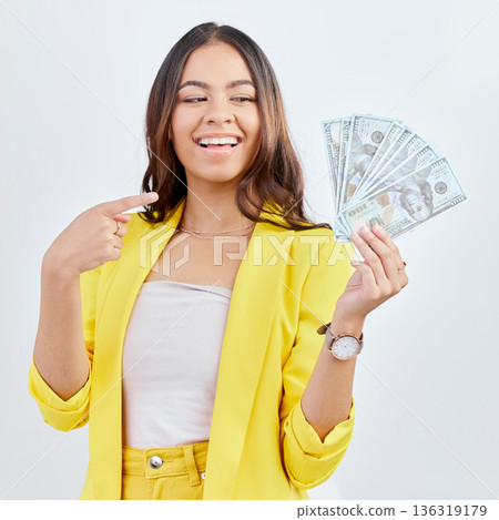 Money, pointing and happy woman excited for business cash prize, income bonus or investment payment. Financial winner, studio gesture and corporate person smile for wealth revenue on white background Money, pointing and happy woman excited for business cash prize, income bonus or investment payment. Financial winner, studio gesture and corporate person smile for wealth revenue on white background 136319179