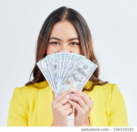 Money, hidden portrait and professional woman with cash dollar prize, finance competition win or giveaway. Studio winner, pay and corporate person face with 401k, wealth or rich on white background Money, hidden portrait and professional woman with cash dollar prize, finance competition win or giveaway. Studio winner, pay and corporate person face with 401k, wealth or rich on white background 136319182