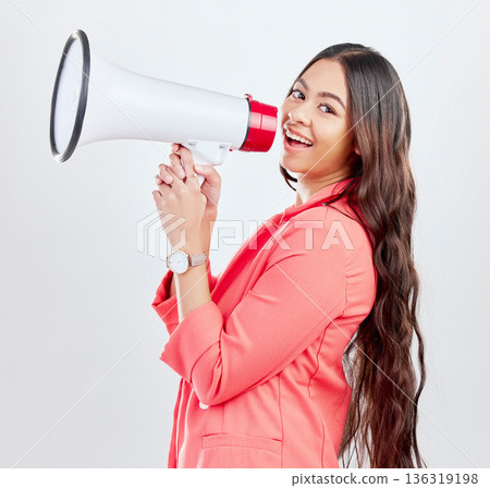 Portrait, megaphone or happy woman with announcement on a white background for speech or review. Smile, attention or voice of girl with news or broadcast of opinion on mockup space talking on speaker Portrait, megaphone or happy woman with announcement on a white background for speech or review. Smile, attention or voice of girl with news or broadcast of opinion on mockup space talking on speaker 136319198