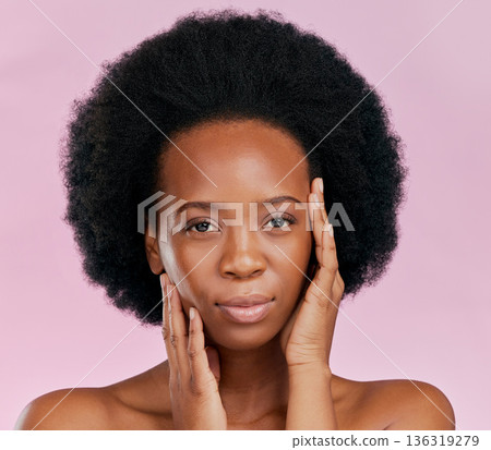 Black woman, touching face and natural beauty with afro hair, skin glow and cosmetics on pink background. African female mode, texture and portrait, facial and skincare with dermatology in studio 136319279
