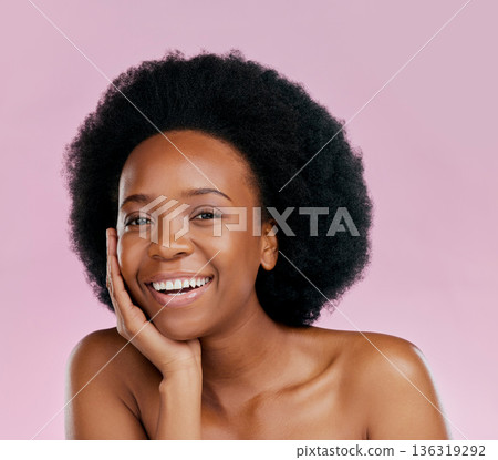 Happy, skincare and portrait of black woman with a beauty glow, spa smile or wellness. Dermatology, moisture and African girl or model with an afro and cosmetic health isolated on a studio background 136319292