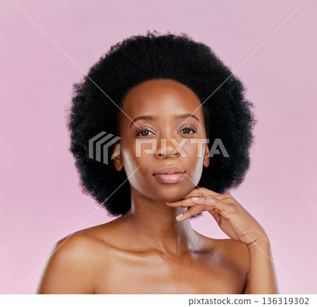 Portrait, cosmetics and black woman with dermatology, skincare and wellness against a pink studio background. Face detox, female person and model with treatment, natural beauty and makeup with luxury Portrait, cosmetics and black woman with dermatology, skincare and wellness against a pink studio background. Face detox, female person and model with treatment, natural beauty and makeup with luxury 136319302