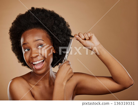 Haircut, scissors or excited black woman with afro in studio on a brown background for positive change. Smile, transformation or happy natural African at hairdresser salon for hairstyle or beauty 136319331