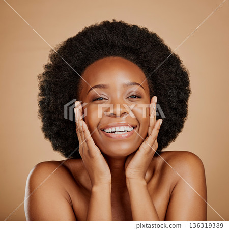 Portrait, happy black woman and touch face for skincare, aesthetic glow and soft dermatology on brown background. Female model, natural beauty and afro hair in studio for shine, facial and self care Portrait, happy black woman and touch face for skincare, aesthetic glow and soft dermatology on brown background. Female model, natural beauty and afro hair in studio for shine, facial and self care 136319389