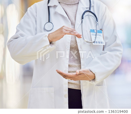Hospital, doctor and hands of woman in circle for wellness, medical service and insurance in clinic. Healthcare, mockup and closeup of female health worker with hand shape for consulting innovation Hospital, doctor and hands of woman in circle for wellness, medical service and insurance in clinic. Healthcare, mockup and closeup of female health worker with hand shape for consulting innovation 136319400