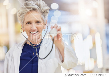 Portrait, healthcare and stethoscope with an old woman doctor in the hospital for cardiology or treatment. Medical, heart health and wellness with a senior female medicine professional in a clinic 136319416