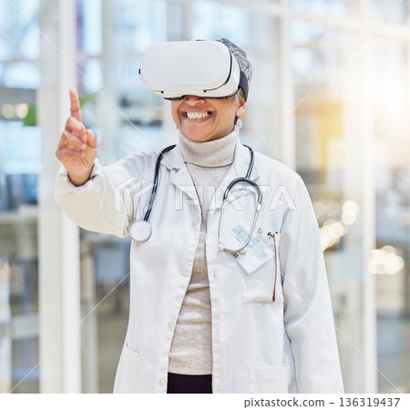 VR, glasses and doctor or woman on medical software, metaverse and 3d hospital, futuristic or digital ux experience. Hand, press and healthcare worker or happy person, virtual reality or cyber vision VR, glasses and doctor or woman on medical software, metaverse and 3d hospital, futuristic or digital ux experience. Hand, press and healthcare worker or happy person, virtual reality or cyber vision 136319437