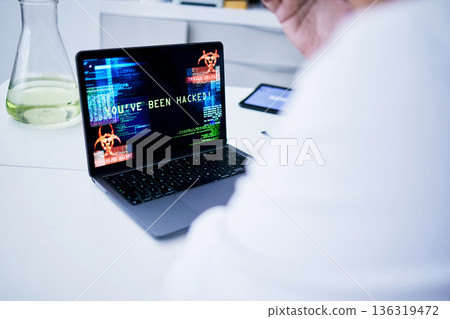Hacked, laptop or scientist with cyber security attack, virus problem or 404 glitch in laboratory. Screen, password mistake or medical worker with research trouble, software spam or ransomware danger 136319472