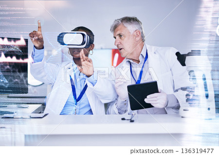 Future, data and scientist team with virtual reality, overlay and digital abstract with tablet, medical research and technology. Science info, test results and VR experience, people in lab and DNA 136319477