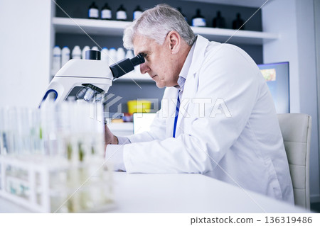 Science, laboratory and man on microscope for plants research, medical analysis and growth particles or medicine test. Biotechnology, pharmaceutical and senior scientist or doctor for drugs solution 136319486