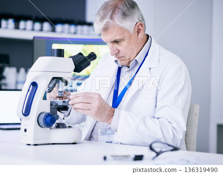 Mature scientist, man and microscope, review and analysis for science study, medical research and biotechnology in lab. Male person, doctor and pathology, check test sample with scientific experiment Mature scientist, man and microscope, review and analysis for science study, medical research and biotechnology in lab. Male person, doctor and pathology, check test sample with scientific experiment 136319490