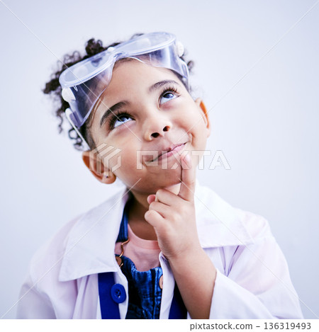 Child, thinking and face of scientist girl in studio with .hand on chin, goggles and idea. Happy African kid student with solution or problem solving medical science, education or biology experiment Child, thinking and face of scientist girl in studio with .hand on chin, goggles and idea. Happy African kid student with solution or problem solving medical science, education or biology experiment 136319493