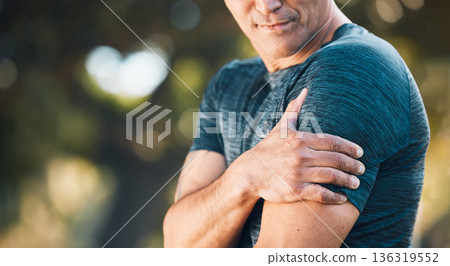 Arm pain, outdoor and man in a park with sport injury and muscle strain from fitness and workout. Exercise problem, male person and back with medical, health and problem from training accident Arm pain, outdoor and man in a park with sport injury and muscle strain from fitness and workout. Exercise problem, male person and back with medical, health and problem from training accident 136319552