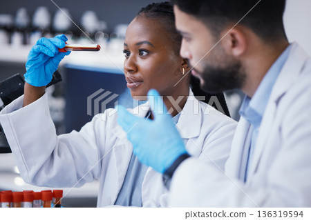 Science, collaboration and scientists with a blood test in a lab working on a experiment, test or exam. Medical, pharmaceutical and team of researchers doing scientific dna research in a laboratory. 136319594