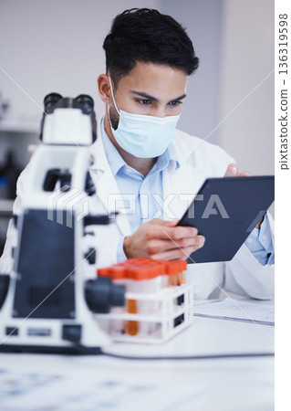Blood test, tablet and scientist man with research analysis, vaccine and healthcare, face mask and laboratory data. Medical, science doctor or person with digital technology for covid or dna results Blood test, tablet and scientist man with research analysis, vaccine and healthcare, face mask and laboratory data. Medical, science doctor or person with digital technology for covid or dna results 136319598