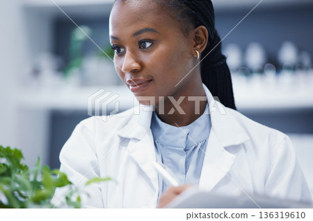 Plants, black woman or scientist writing notes for research, agro data analysis or sustainability growth. Science education, studying biotechnology or biologist in laboratory for leaf development 136319610
