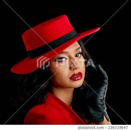 Woman, retro spy and glamour portrait in studio with vintage fashion and cosplay agent. Young female person, black background and luxury style with cosmetics, 1920s clothes and model with confidence Woman, retro spy and glamour portrait in studio with vintage fashion and cosplay agent. Young female person, black background and luxury style with cosmetics, 1920s clothes and model with confidence 136319647
