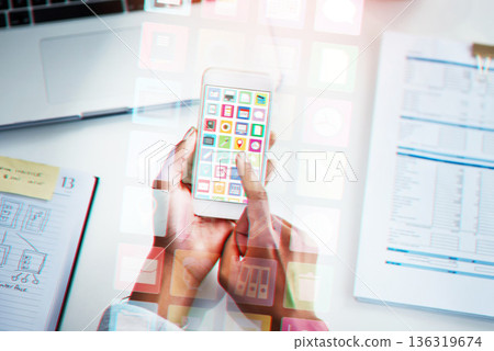Closeup, hands and smartphone with icons, hologram and business documents with website info, typing and connection. Woman, employee and consultant with cellphone, screen and holographic with software 136319674