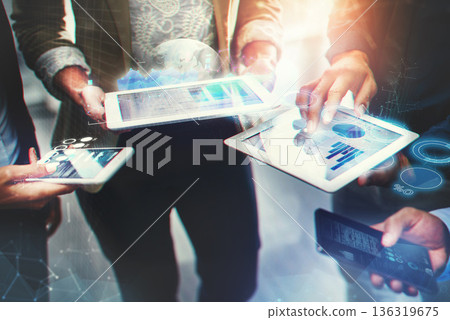 Tablet, overlay and accounting with business people in collaboration to research information on graphs for planning. Hands, technology and finance with a corporate team standing in a huddle at work 136319675