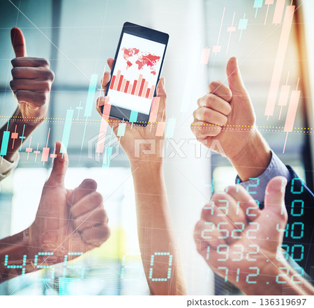 Phone screen, overlay and people data, graphs or charts and thumbs up for success, social media like and algorithm. Yes, subscribe and group hands with mobile app for global stock market or trading Phone screen, overlay and people data, graphs or charts and thumbs up for success, social media like and algorithm. Yes, subscribe and group hands with mobile app for global stock market or trading 136319697