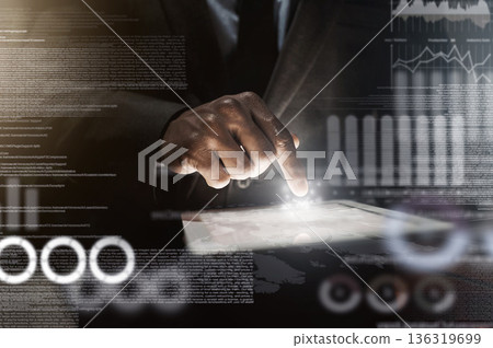Tablet, overlay and business person in data analysis, stock market results and graphs, charts or finance statistics. Professional people typing code on digital technology for trading stats and night 136319699