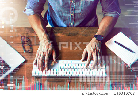 Overlay, man typing on keyboard with digital hologram and social network connection for online communication. Data analysis or laptop, programming or tech and hand of male person writing an email Overlay, man typing on keyboard with digital hologram and social network connection for online communication. Data analysis or laptop, programming or tech and hand of male person writing an email 136319708