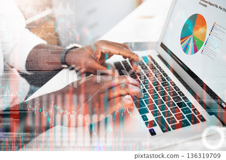 Stats, overlay and hands on a laptop for charts, work data or research results at a desk. Business, digital cgi and a businessman typing on a computer for investment results, data and analytics 136319709