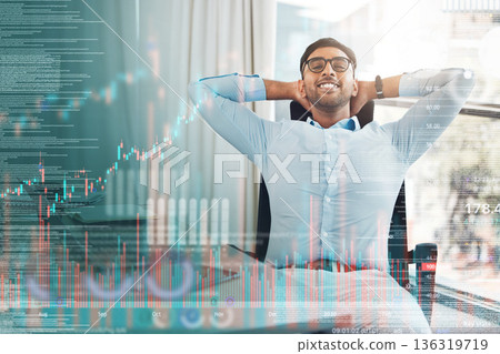 Hologram, relax and man with business, office and stock market with results, stock market and financial charts. Male person, investor and trader with code, programming and holographic with fintech Hologram, relax and man with business, office and stock market with results, stock market and financial charts. Male person, investor and trader with code, programming and holographic with fintech 136319719