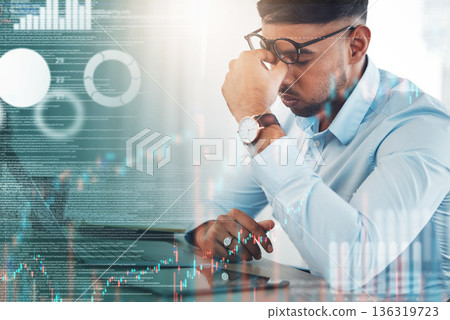 Tablet, headache and business man in overlay for data analysis, stock market crash and graphs, charts or finance. Stress, tired or angry professional person on digital tech or trading statistics fail 136319723