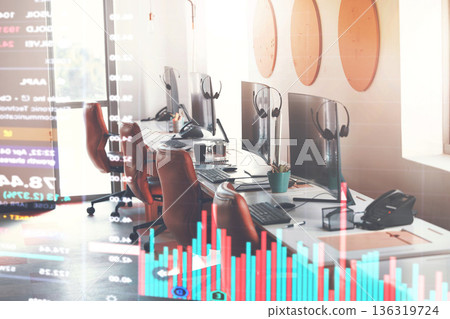 Overlay, call center and empty workplace desk for service, consulting and online support. Stats, digital cgi and a customer care office with computer and equipment for telemarketing and sales Overlay, call center and empty workplace desk for service, consulting and online support. Stats, digital cgi and a customer care office with computer and equipment for telemarketing and sales 136319724