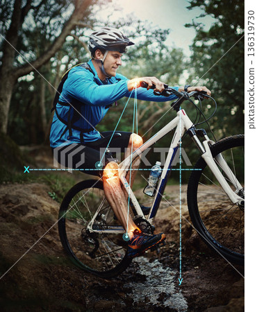 Man, mountain bike and woods for fitness, training and workout with overlay, red glow or injury with math analysis. Forrest cycling, guy and joint pain with bicycle, holographic data and ride outdoor 136319730