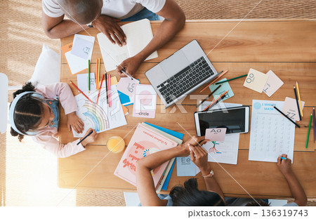 Top view, home and girl with parents, homework and learning with support, care and bonding at desk. Father, mother and daughter with drawing, education and teaching with technology in family house 136319743