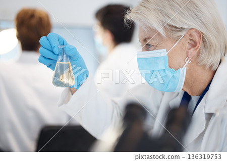 Science, sample and a senior doctor woman at work in a laboratory for research or innovation in healthcare. Face, covid mask and a mature female scientist working in a lab for medical development Science, sample and a senior doctor woman at work in a laboratory for research or innovation in healthcare. Face, covid mask and a mature female scientist working in a lab for medical development 136319753