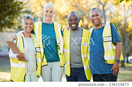 Clipboard, volunteering portrait and people in park for cleaning, community service or gardening checklist. Environment, group teamwork and senior woman or friends in ngo or nonprofit project outdoor Clipboard, volunteering portrait and people in park for cleaning, community service or gardening checklist. Environment, group teamwork and senior woman or friends in ngo or nonprofit project outdoor 136319873