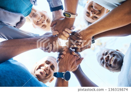 Holding hands, fitness and group of people in teamwork, collaboration and community, healthcare love and support. Portrait, workout and diversity friends, together sign or hope for wellness below Holding hands, fitness and group of people in teamwork, collaboration and community, healthcare love and support. Portrait, workout and diversity friends, together sign or hope for wellness below 136319874