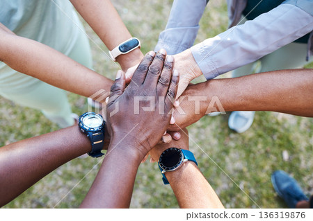 Hands stack, fitness friends and park for training, wellness and health with teamwork, diversity and support. People, solidarity and group for exercise, workout goal or outdoor with synergy in nature Hands stack, fitness friends and park for training, wellness and health with teamwork, diversity and support. People, solidarity and group for exercise, workout goal or outdoor with synergy in nature 136319876