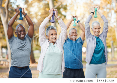 Fitness, weights and senior people in park for healthy body, wellness and active workout outdoors. Retirement, sports and men and women weightlifting for exercise, training and pilates for wellbeing Fitness, weights and senior people in park for healthy body, wellness and active workout outdoors. Retirement, sports and men and women weightlifting for exercise, training and pilates for wellbeing 136319886