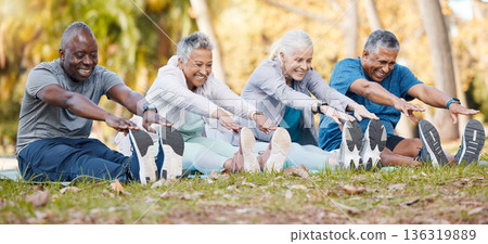 Fitness, stretching and senior people in park for healthy body, wellness and active workout outdoors. Retirement, sports and men and women stretch legs on grass for exercise, training and warm up Fitness, stretching and senior people in park for healthy body, wellness and active workout outdoors. Retirement, sports and men and women stretch legs on grass for exercise, training and warm up 136319889