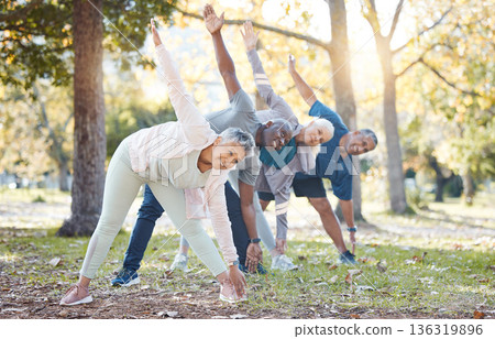 Yoga, park and old people stretching, fitness and exercise with happiness, wellness and stress relief. Senior women, nature and elderly men outdoor, relax and workout goal with progress and health Yoga, park and old people stretching, fitness and exercise with happiness, wellness and stress relief. Senior women, nature and elderly men outdoor, relax and workout goal with progress and health 136319896